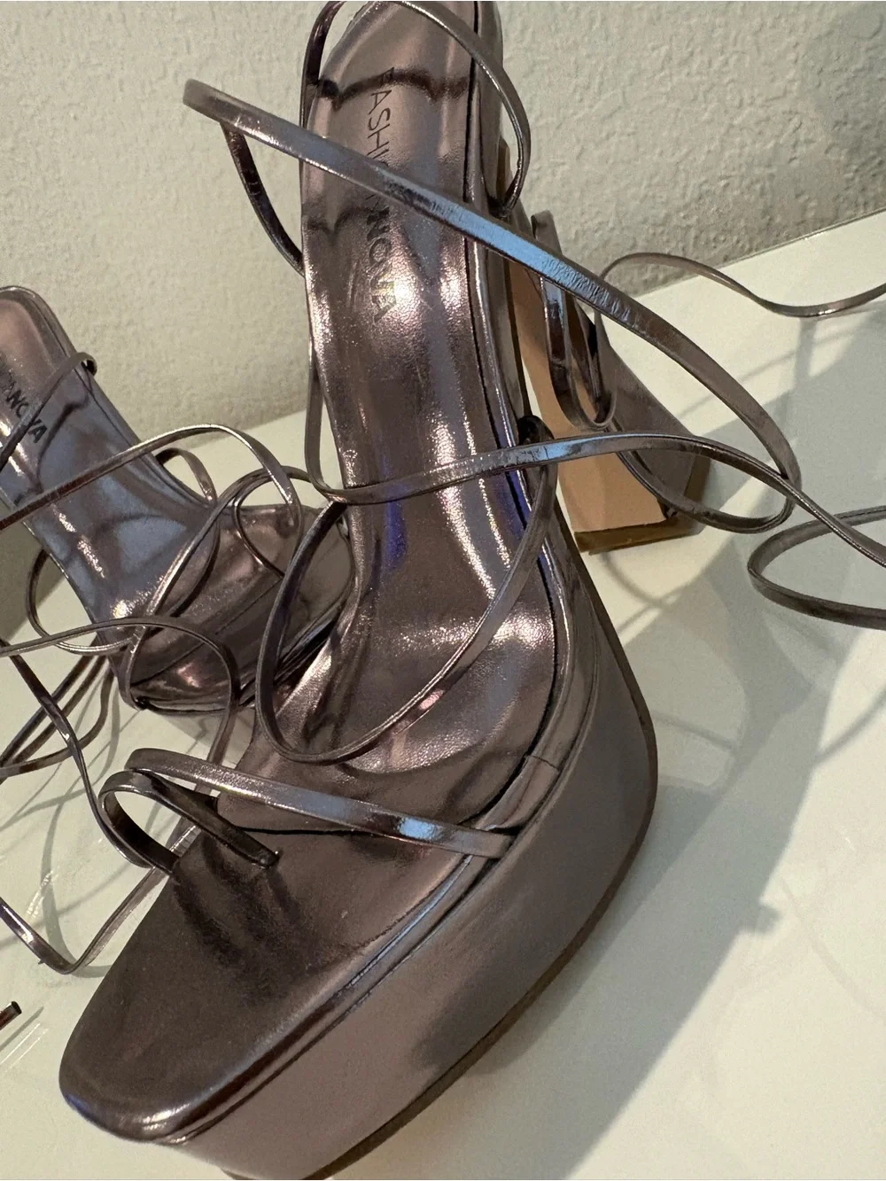 Fashion Nova Metallic Rose-Strap Platform Sandals